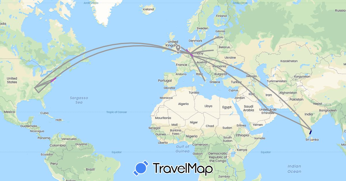 TravelMap itinerary: driving, plane, train in United Arab Emirates, Germany, United Kingdom, India, Italy, Latvia, Netherlands, Poland, United States (Asia, Europe, North America)
